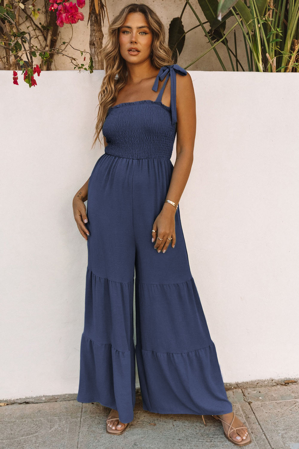 BLUE 100%POLYESTER Tie Straps Shirred Casual Tiered Wide Leg Jumpsuit - Jumpsuits & Rompers at TFC&H Co.