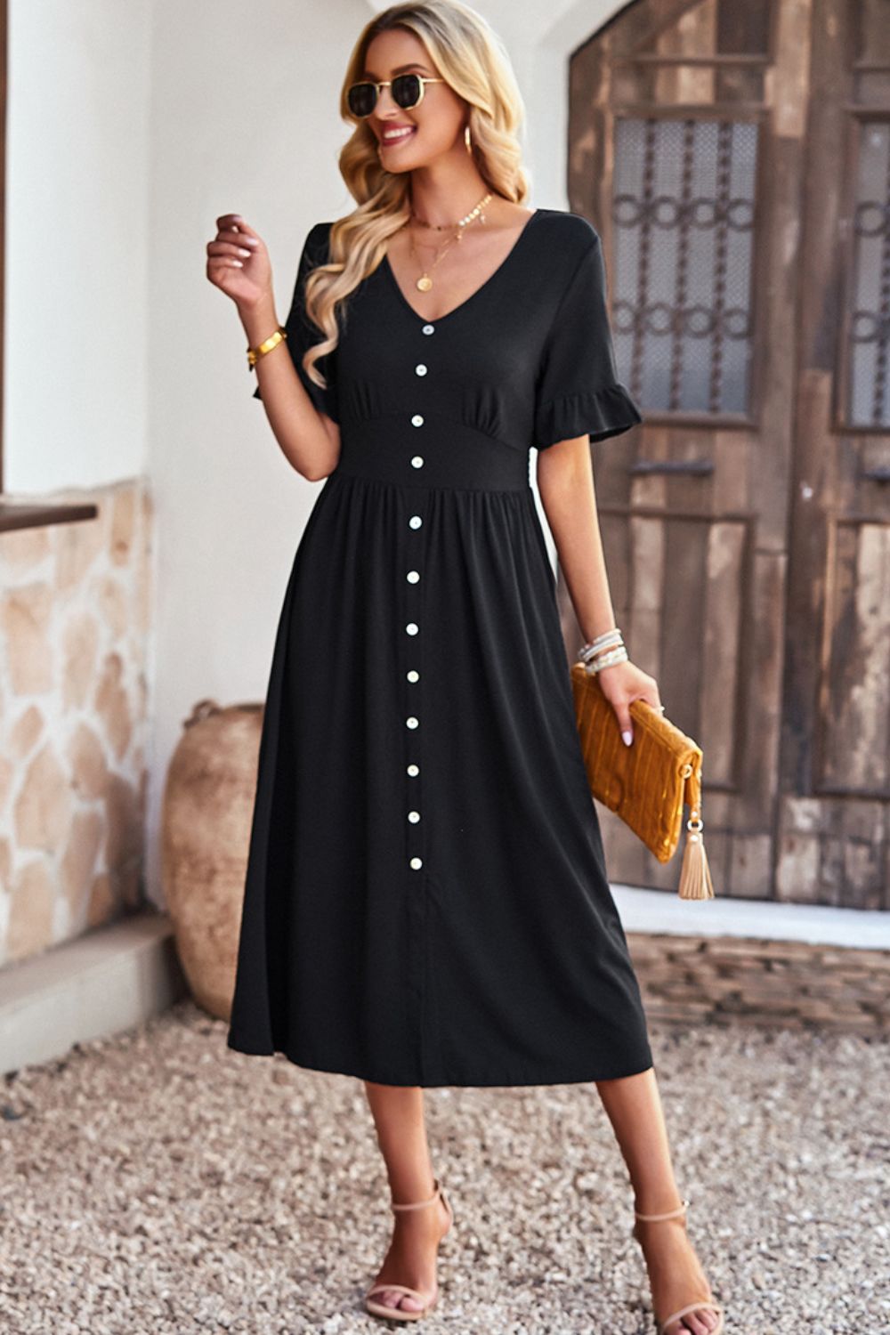 BLACK - Gathered Detail Buttoned V-Neck Midi Dress - 4 colors - Womens Midi Dresses at TFC&H Co.