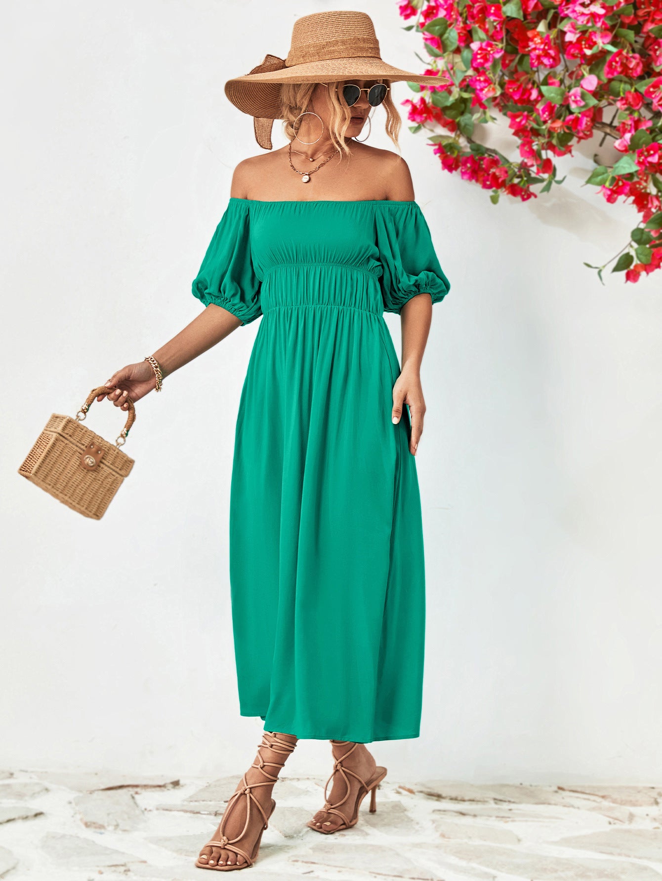 - Off-Shoulder Balloon Sleeve Midi Dress - colors - womens dress at TFC&H Co.