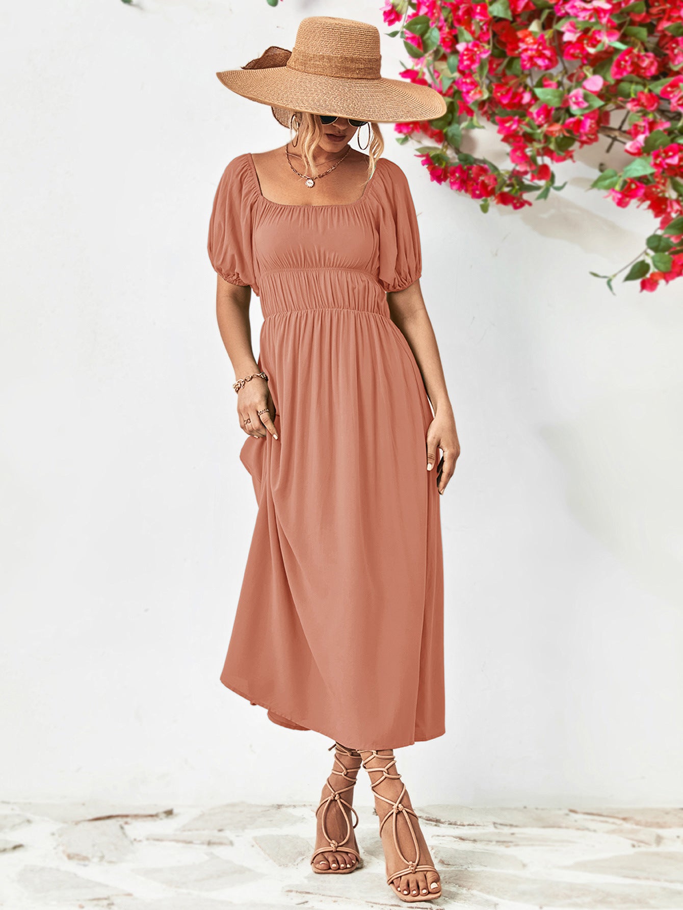 - Off-Shoulder Balloon Sleeve Midi Dress - colors - womens dress at TFC&H Co.