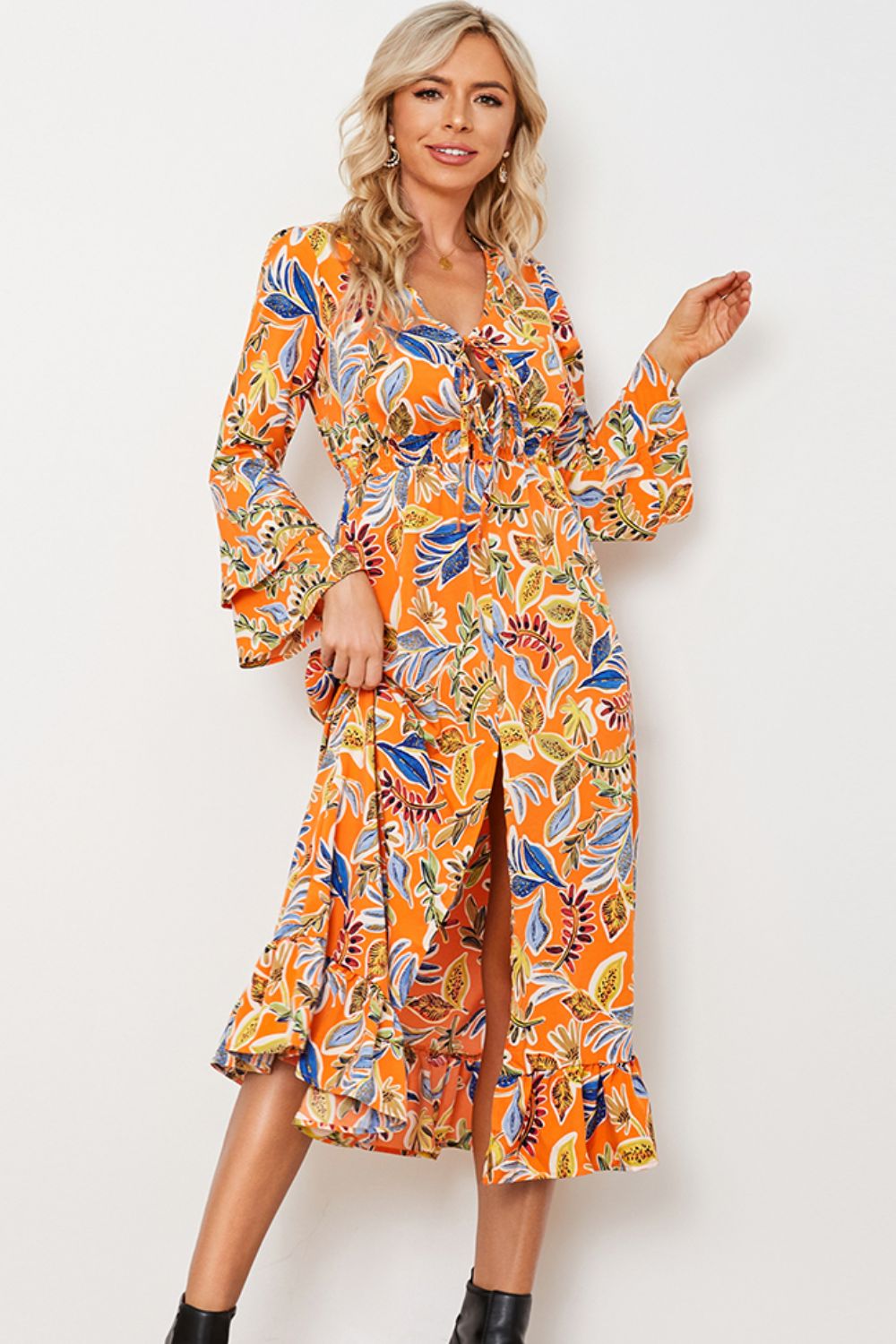 TANGERINE - Printed Layered Flare Sleeve Split Tied Dress - womens dress at TFC&H Co.