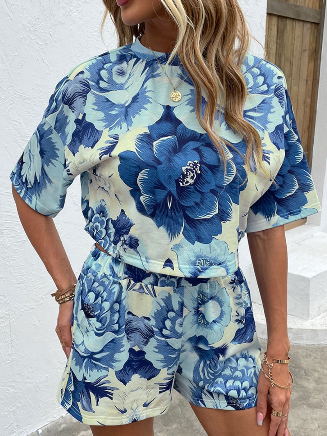 Floral Print Round Neck Dropped Shoulder Half Sleeve Top and Shorts Set - women's short set at TFC&H Co.