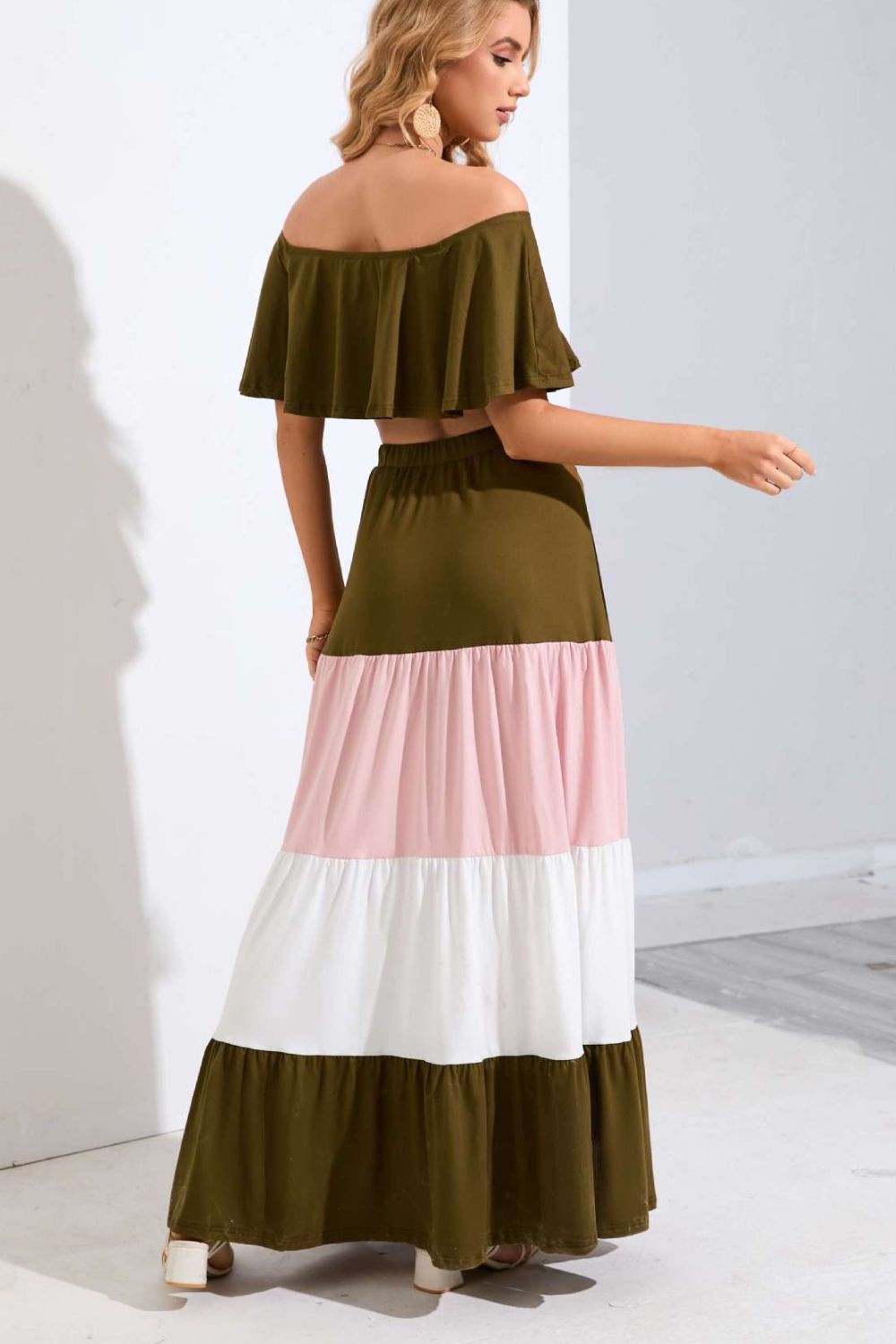 - Off-Shoulder Crop Top and Color Block Tiered Skirt Set - womens top & skirt set at TFC&H Co.