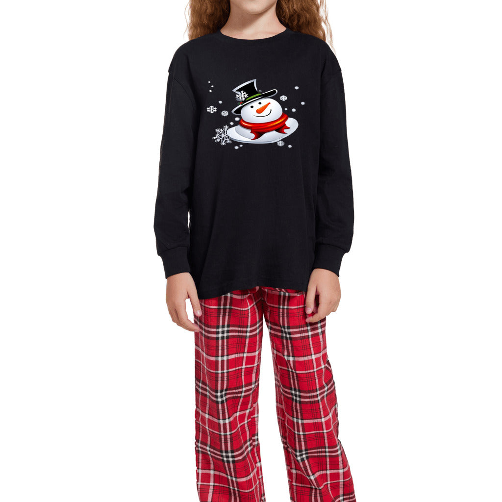 S Black and Red Flannel Snow Man's Delight Youth Long Sleeve Top and Flannel Christmas Pajama Set - kid's pajama set at TFC&H Co.