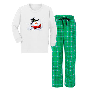 Snow Man's Delight Youth Long Sleeve Top and Flannel Christmas Pajama Set - kid's pajama set at TFC&H Co.