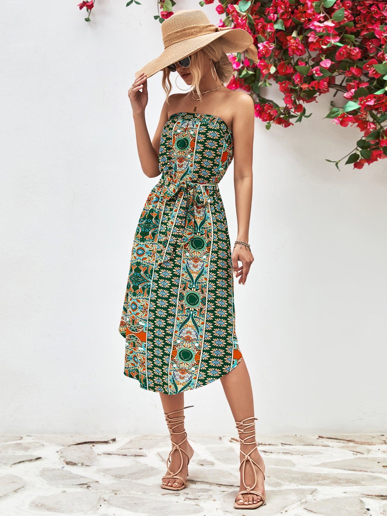 - Printed Strapless Tie Belt Dress - 3 colors - womens dress at TFC&H Co.