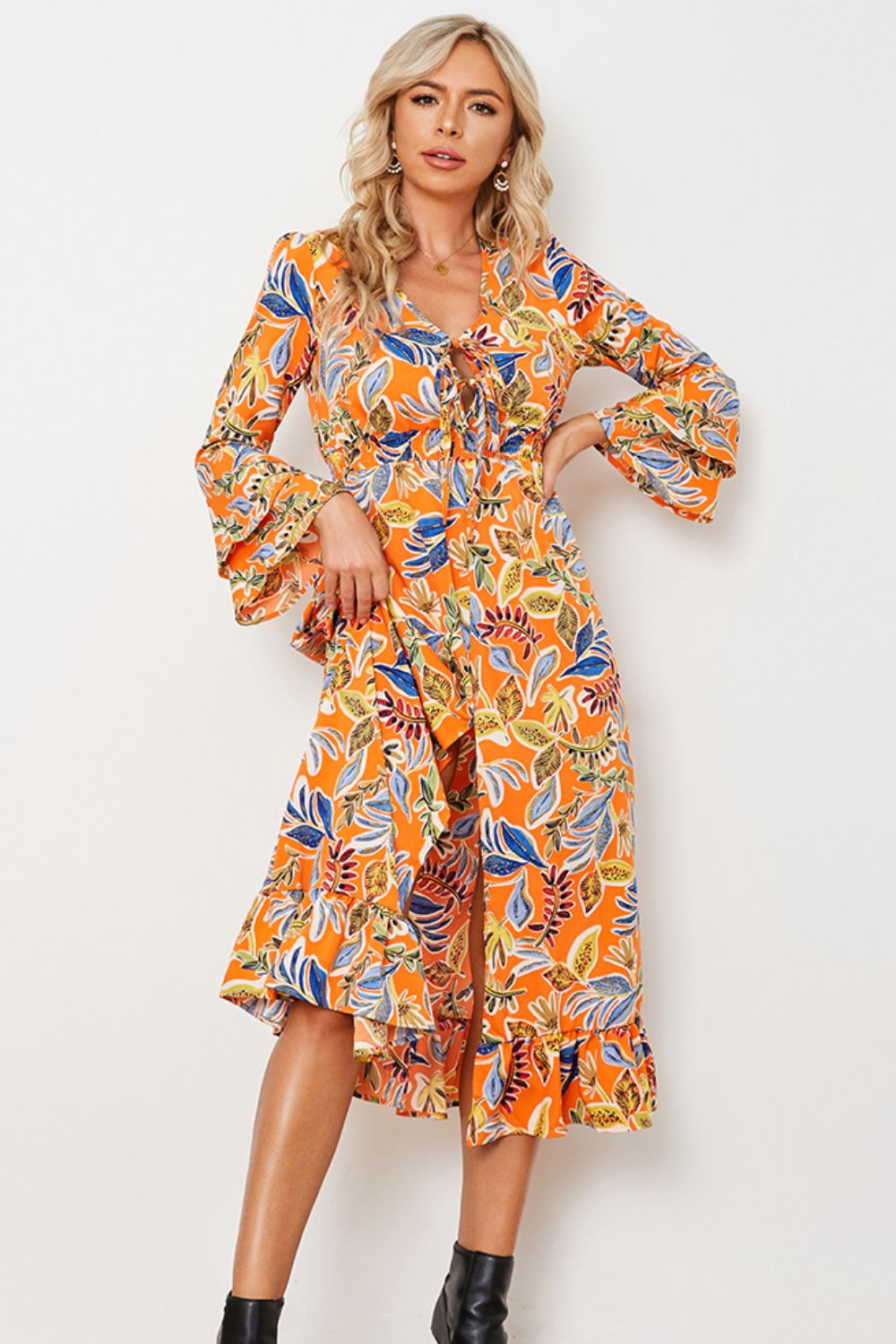 - Printed Layered Flare Sleeve Split Tied Dress - womens dress at TFC&H Co.