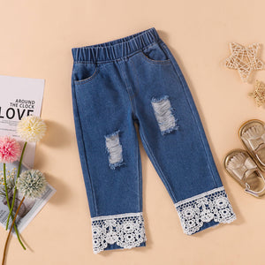 Girls Floral Round Neck Top and Lace Trim Distressed Jeans Set - 3 colors - toddler's pants set at TFC&H Co.