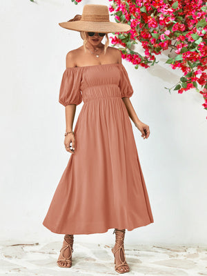 - Off-Shoulder Balloon Sleeve Midi Dress - colors - womens dress at TFC&H Co.