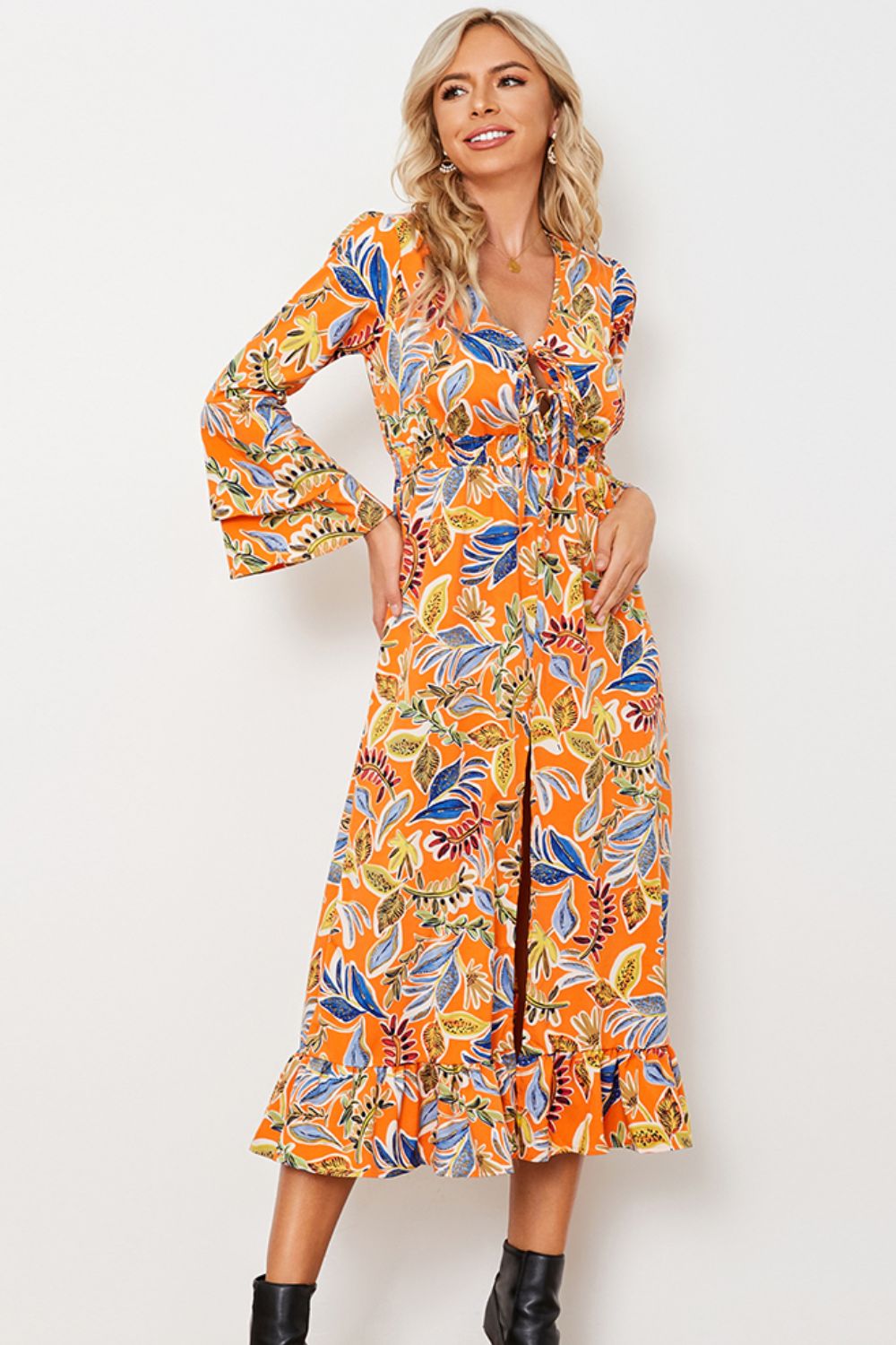 - Printed Layered Flare Sleeve Split Tied Dress - womens dress at TFC&H Co.