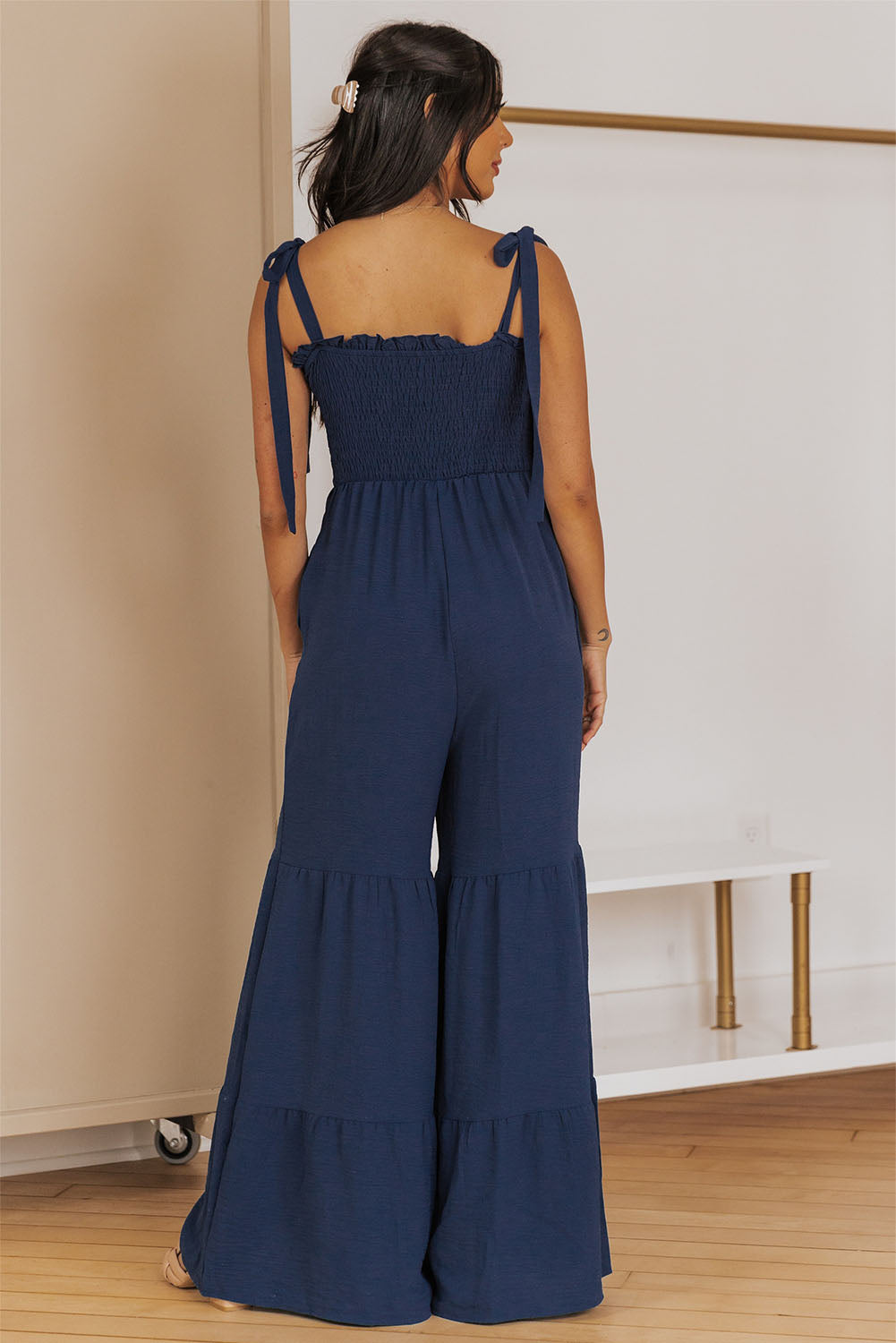 - Tie Straps Shirred Casual Tiered Wide Leg Jumpsuit - Jumpsuits & Rompers at TFC&H Co.