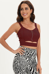 WINE ONE SIZE - Zip-Up Cutout Sleeveless Knit Top - womens crop top at TFC&H Co.