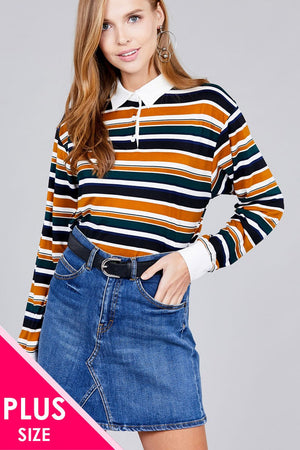 Mustard/Blue - Voluptuous (+) Plus Size Long Sleeve Multi Striped DTY Brushed Shirts - womens shirt at TFC&H Co.