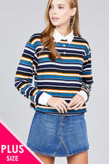 Navy/Blue - Voluptuous (+) Plus Size Long Sleeve Multi Striped DTY Brushed Shirts - womens shirt at TFC&H Co.