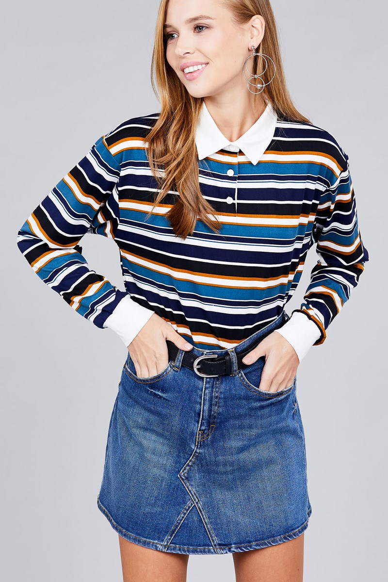 - Voluptuous (+) Plus Size Long Sleeve Multi Striped DTY Brushed Shirts - womens shirt at TFC&H Co.