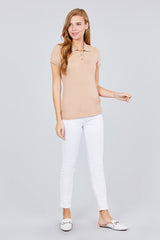 Khaki - Voluptuous (+) Classic Pique Spandex Polo Top - Womens Polo Shirts at TFC&H Co.