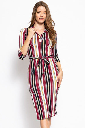 Stripes Print, Midi Tee Dress With 3/4 Sleeves, Collared V Neckline, Decorative Button, Matching Belt And A Side Slit - women's dress at TFC&H Co.