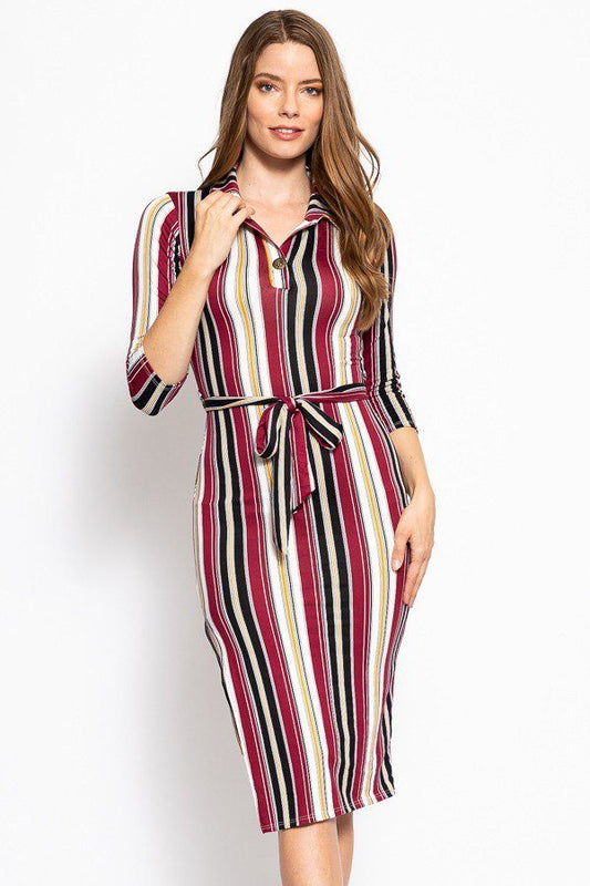 Stripes Print, Midi Tee Dress With 3/4 Sleeves, Collared V Neckline, Decorative Button, Matching Belt And A Side Slit - women's dress at TFC&H Co.
