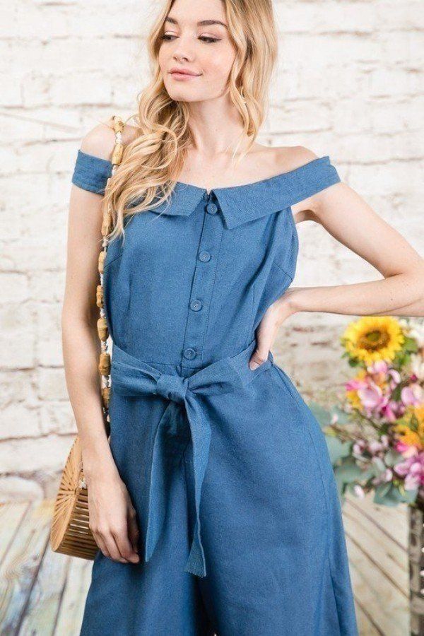 Fold-over Collar Detailed Button Down Off-shoulder Chambray Denim Wide Leg Palazzo Jumpsuit With Waist Tie - women's jumpsuit at TFC&H Co.