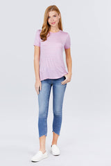 Pink lavender/Off White - Short Sleeve Crew Neck Stripe Rayon Spandex Ringer Knit Top - 2 colors - womens tee at TFC&H Co.