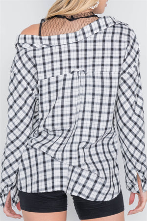 - White Black Plaid Asymmetrical Front Button Down Top - womens button up shirt at TFC&H Co.