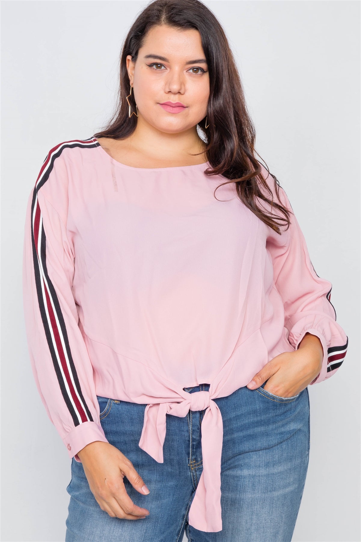 Pink - Voluptuous (+) Plus Size Color Block Sleeve Front Knot Semi-sheer Top - 2 colors - womens shirt at TFC&H Co.