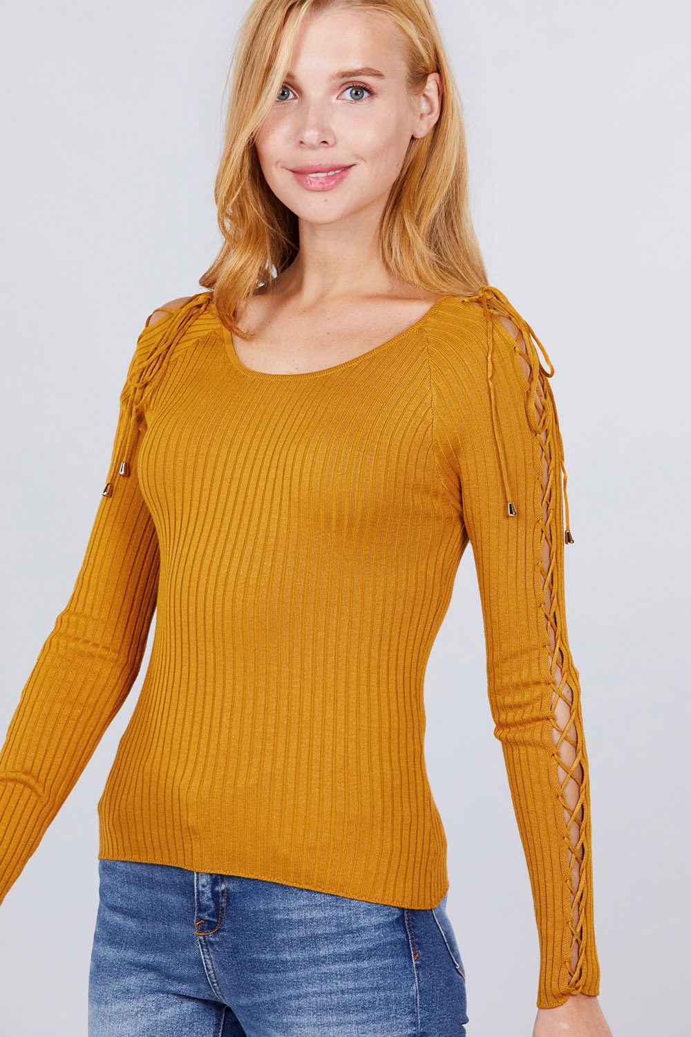Mustard - Long Sleeve W/strappy Detail Round Neck Rib Sweater Top - 5 colors - womens shirt at TFC&H Co.