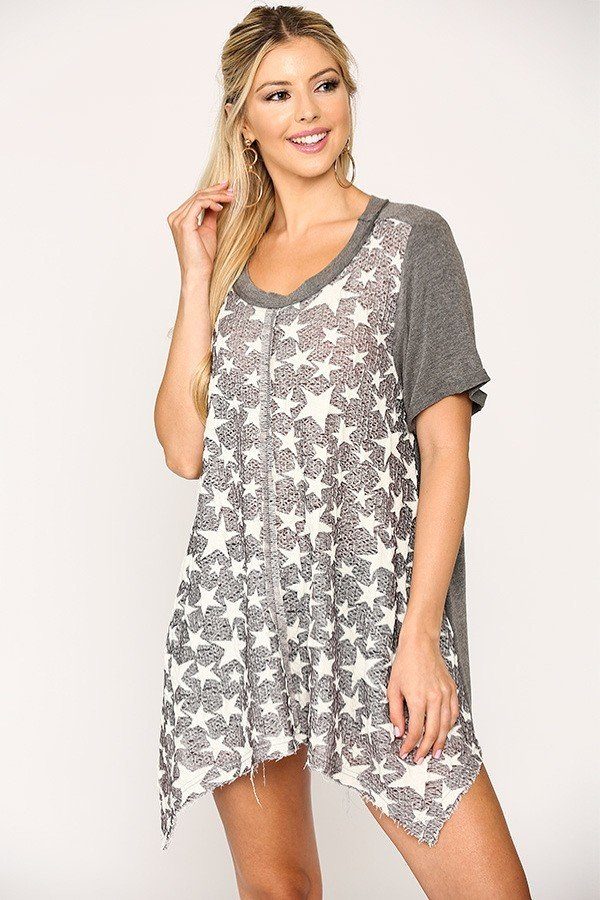 - Star Textured Knit Mixed Tunic Top With Shark Bite Hem - 3 colors - womens shirt at TFC&H Co.