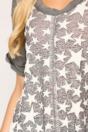 Gunmetal - Star Textured Knit Mixed Tunic Top With Shark Bite Hem - 3 colors - womens shirt at TFC&H Co.