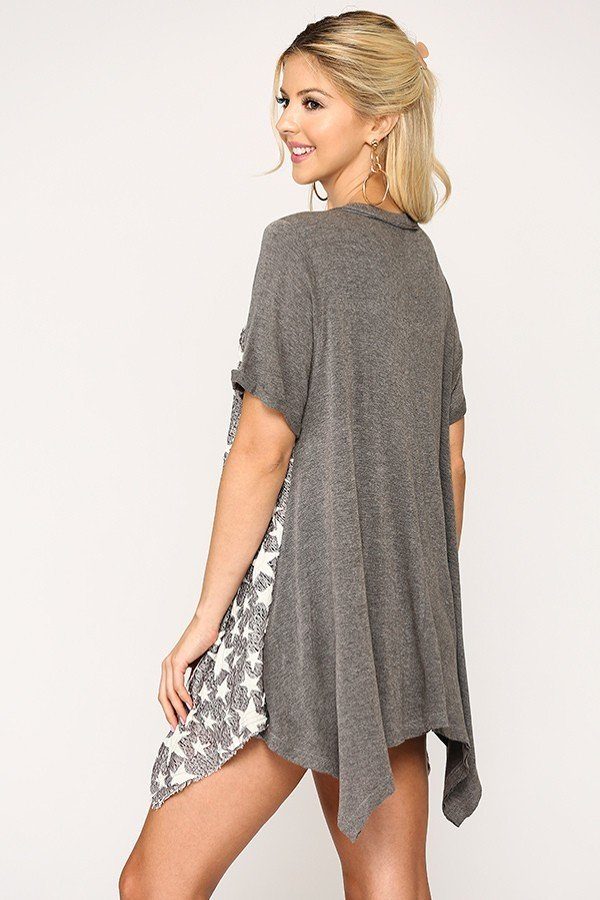 - Star Textured Knit Mixed Tunic Top With Shark Bite Hem - 3 colors - womens shirt at TFC&H Co.