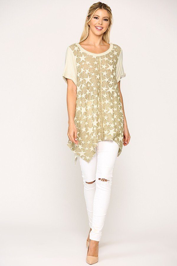 - Star Textured Knit Mixed Tunic Top With Shark Bite Hem - 3 colors - womens shirt at TFC&H Co.