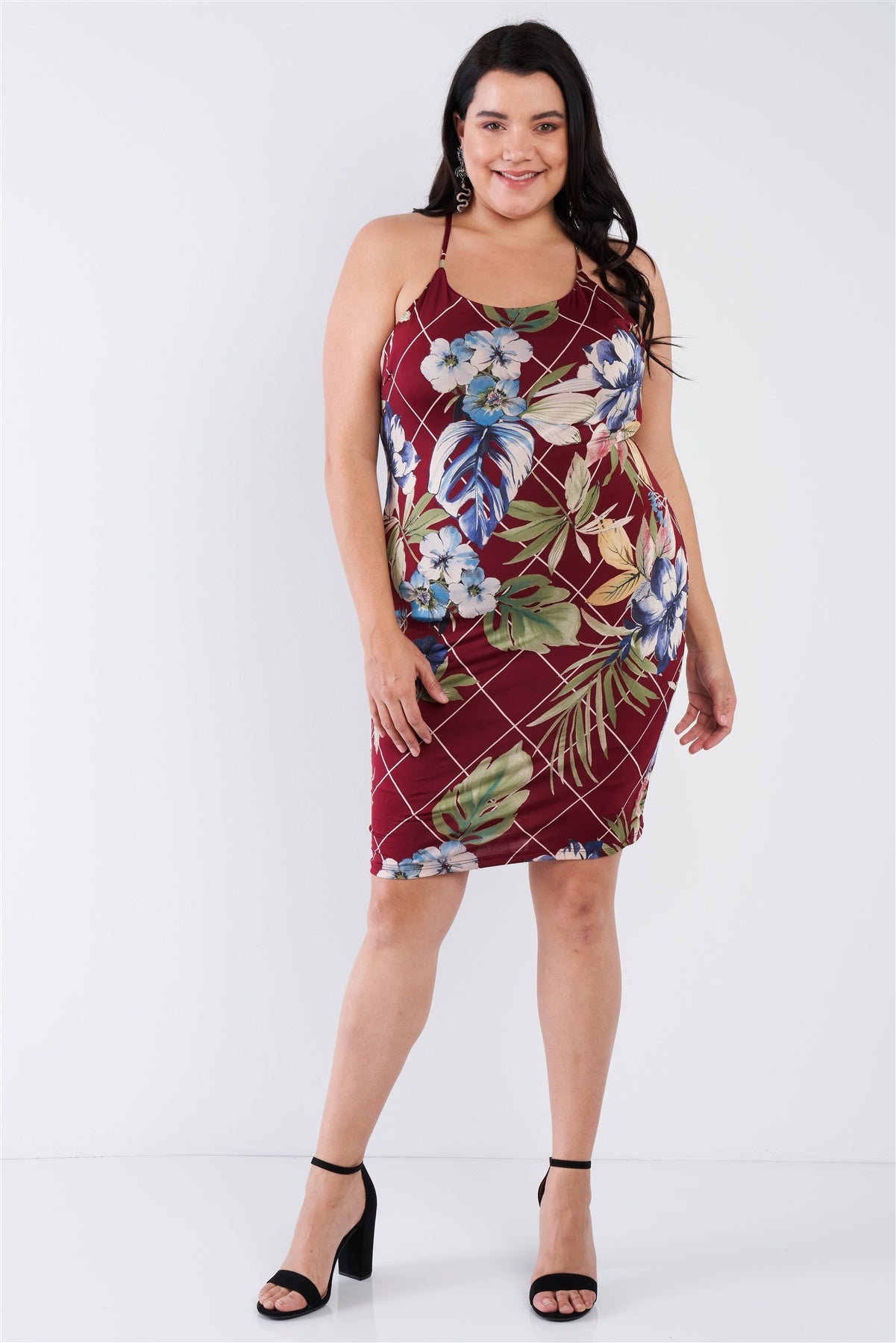 Burgundy Voluptuous (+) Plus Size Criss-cross Open Back Mini Floral Print Dress -2 styles - women's dress at TFC&H Co.
