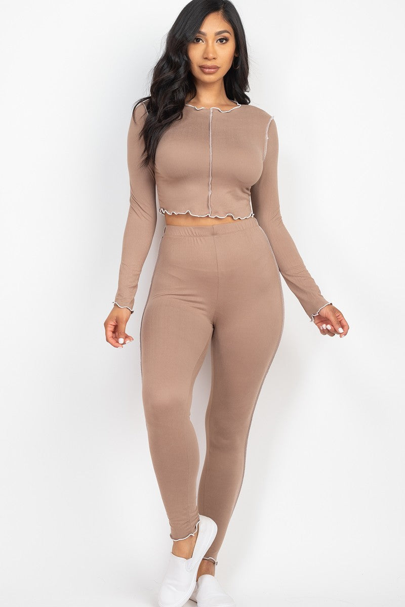 TAUPE GREY Lettuce Edge Crop Top & Leggings Set - Ships from The USA - women's pant set at TFC&H Co.