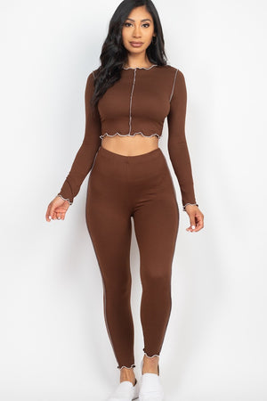COFFEE - Lettuce Edge Crop Top & Leggings Set - Ships from The USA - womens pant set at TFC&H Co.