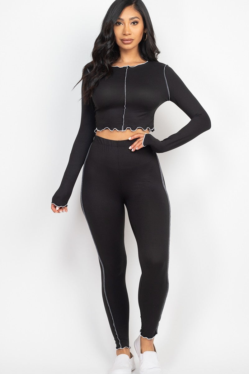 BLACK - Lettuce Edge Crop Top & Leggings Set - Ships from The USA - womens pant set at TFC&H Co.