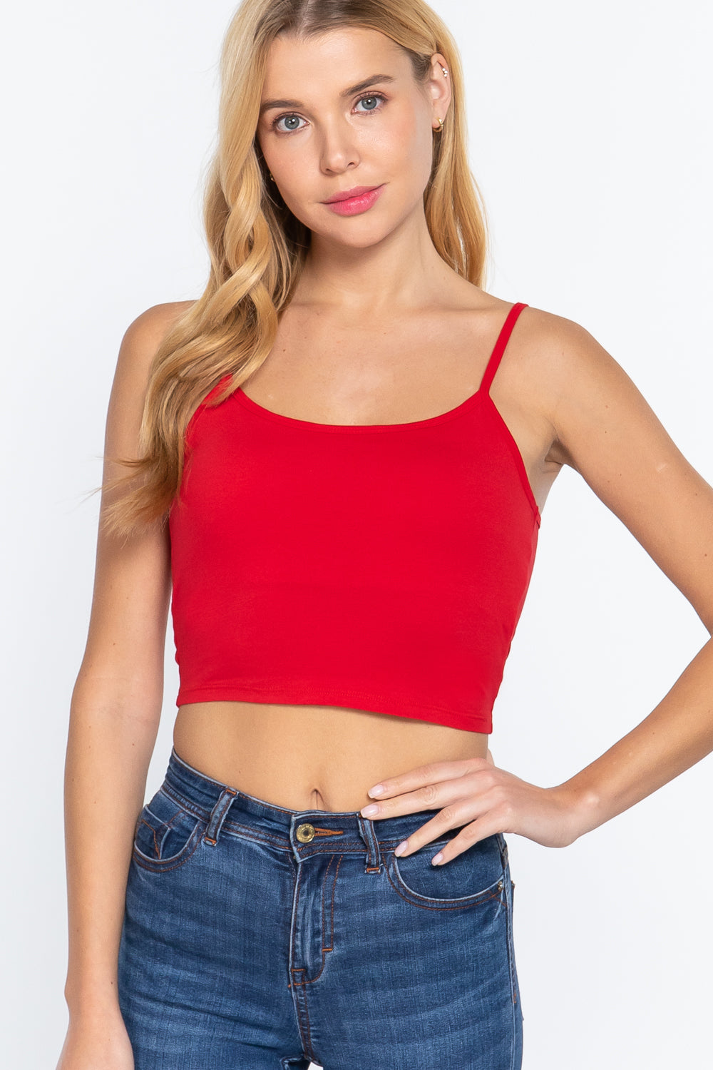 BOLD RED - Round Neck W/removable Bra Cup Cotton Spandex Bra Top - 17 colors - Ships from The USA - womens tank top at TFC&H Co.