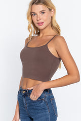 WOOD BROWN Round Neck W/removable Bra Cup Cotton Spandex Bra Top - 17 colors - Ships from The USA - women's tank top at TFC&H Co.