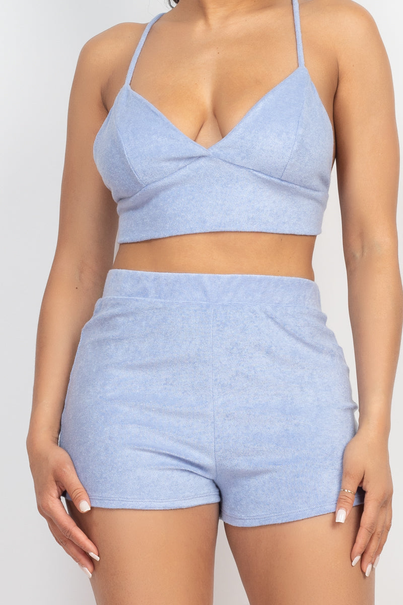 BLUE - Terry Towel Bralette Top & Mini Shorts Set - 7 colors - Ships from The USA - womens short set at TFC&H Co.