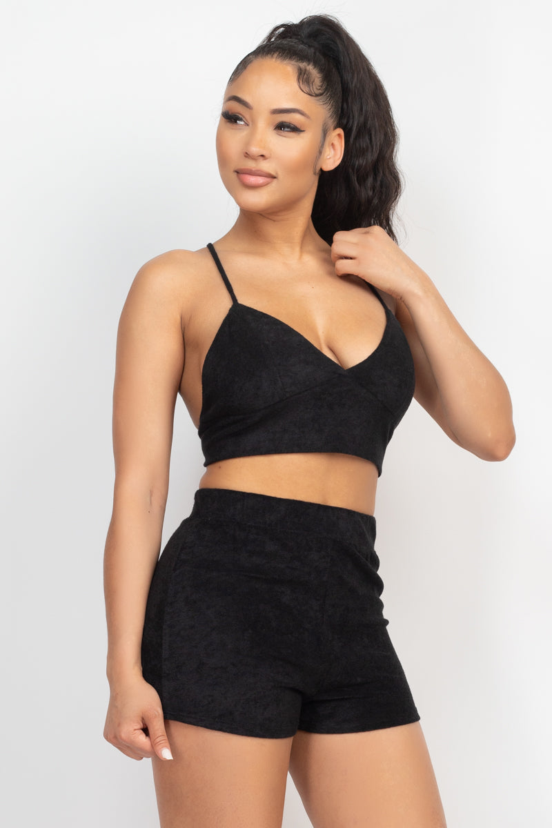 BLACK - Terry Towel Bralette Top & Mini Shorts Set - 7 colors - Ships from The USA - womens short set at TFC&H Co.