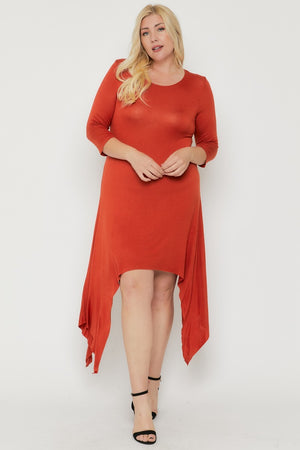 RUST Voluptuous (+) Plus Asymmetrical Raw Edge Hem Solid Dress - 3 colors - Ships from The USA - women's dress at TFC&H Co.