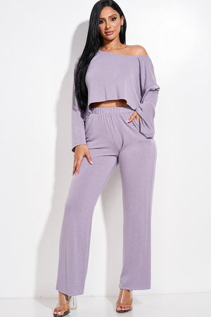 PURPLE - Solid French Terry Long Slouchy Long Sleeve Top And Pants With Pockets Two Piece Set - 4 colors - Ships from The USA - womens pants set at TFC&H Co.