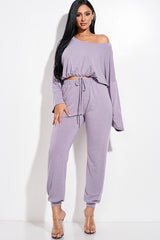 PURPLE Solid French Terry Long Sleeve Tie Front Slouchy Top And Jogger Pants Two Piece Set - 2 colors - Ships from The USA - women's pants set at TFC&H Co.