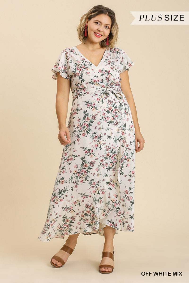 - Floral Print Wrapped Short Ruffle Sleeve Maxi Dress With No Lining Voluptuous (+) Plus Size - Ships from The USA - womens dress at TFC&H Co.