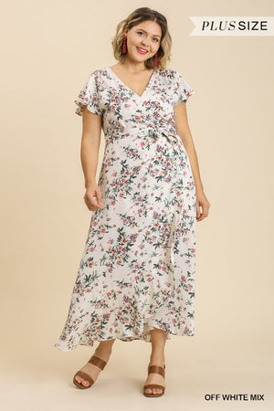 - Floral Print Wrapped Short Ruffle Sleeve Maxi Dress With No Lining Voluptuous (+) Plus Size - Ships from The USA - womens dress at TFC&H Co.