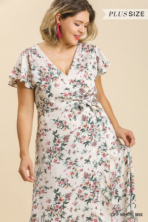 - Floral Print Wrapped Short Ruffle Sleeve Maxi Dress With No Lining Voluptuous (+) Plus Size - Ships from The USA - womens dress at TFC&H Co.