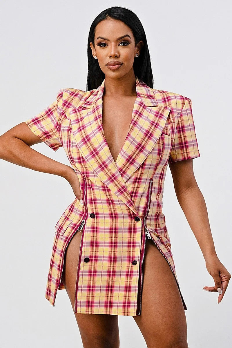 PINK - Wide Collared Double Breasted Plaid Blazer Mini Dress - Ships from The US - womens dress at TFC&H Co.