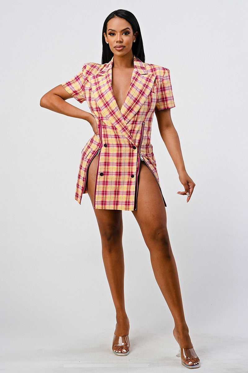 - Wide Collared Double Breasted Plaid Blazer Mini Dress - Ships from The US - womens dress at TFC&H Co.