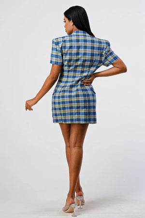 - Wide Collared Double Breasted Plaid Blazer Mini Dress - Ships from The US - womens dress at TFC&H Co.