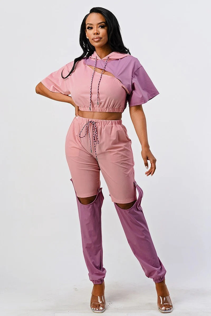 Pants Set In Color Block With Hoodie And Detachable Bottom Part - Ships from The US - women's pants set at TFC&H Co.