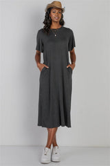 Charcoal Short Sleeve Midi Dress - women's dress at TFC&H Co.